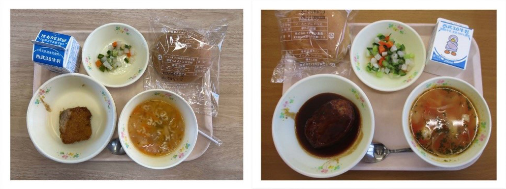 ▲提供された給食メニュー（まるがたにんじんパン、ABCスープ、イタリアンサラダ、牛乳に小学校は白身魚のごぼうマヨソースがけ（左）、中学校はハンバーグの玉葱ソースがけ）