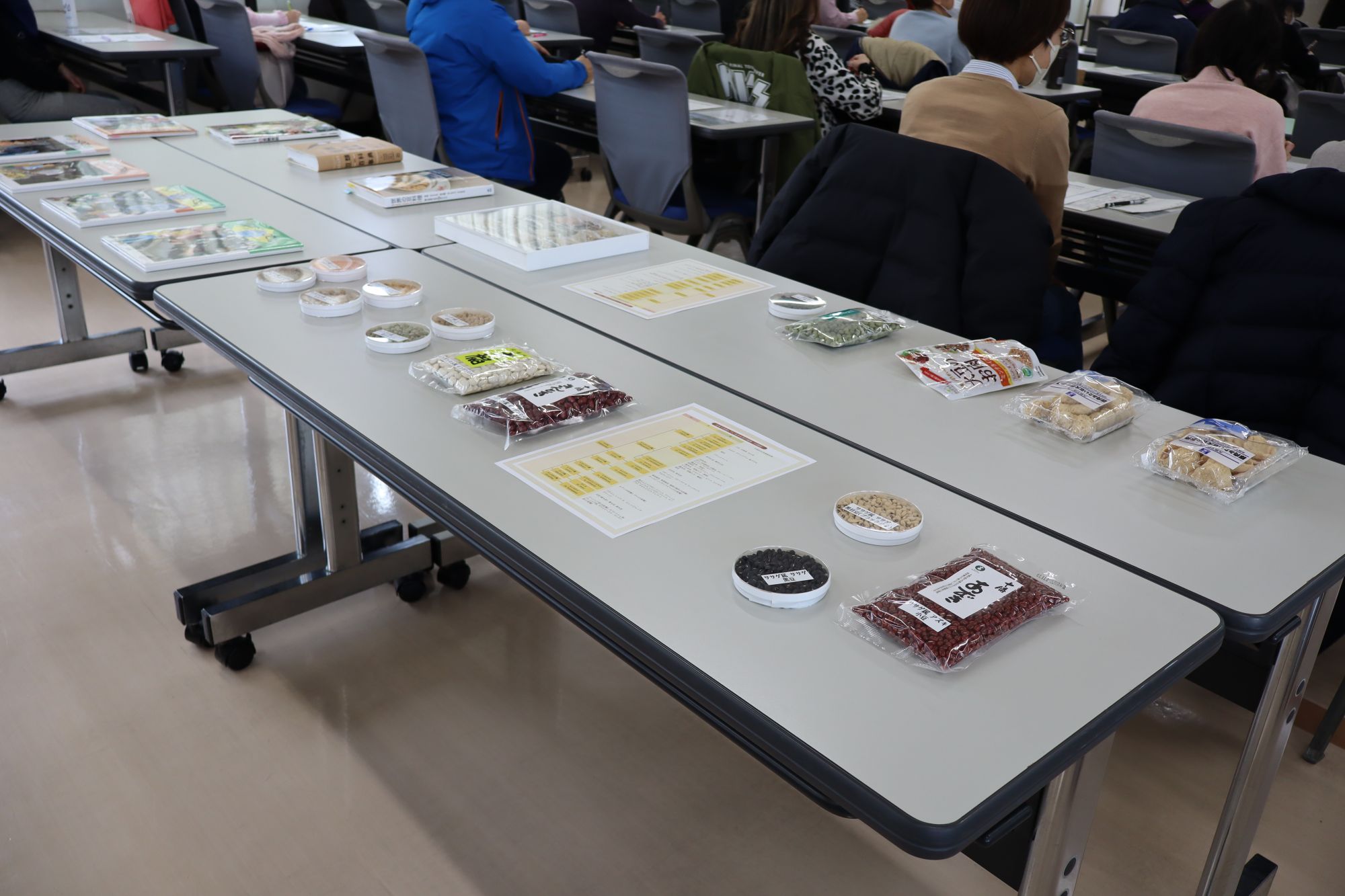 展示した資料や豆の数々